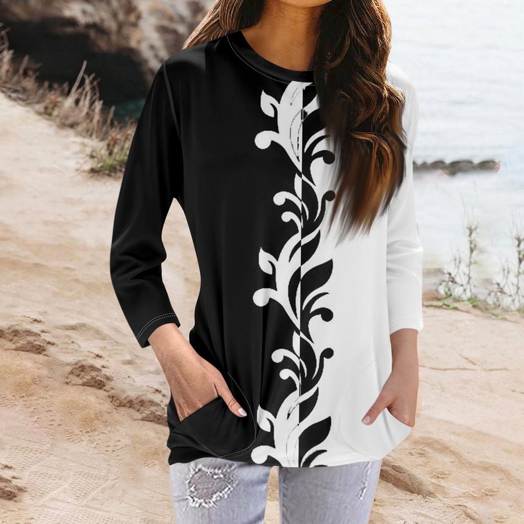 Женская модная повседневная футболка с карманом и круглым вырезом с рукавами 3/4 и топом