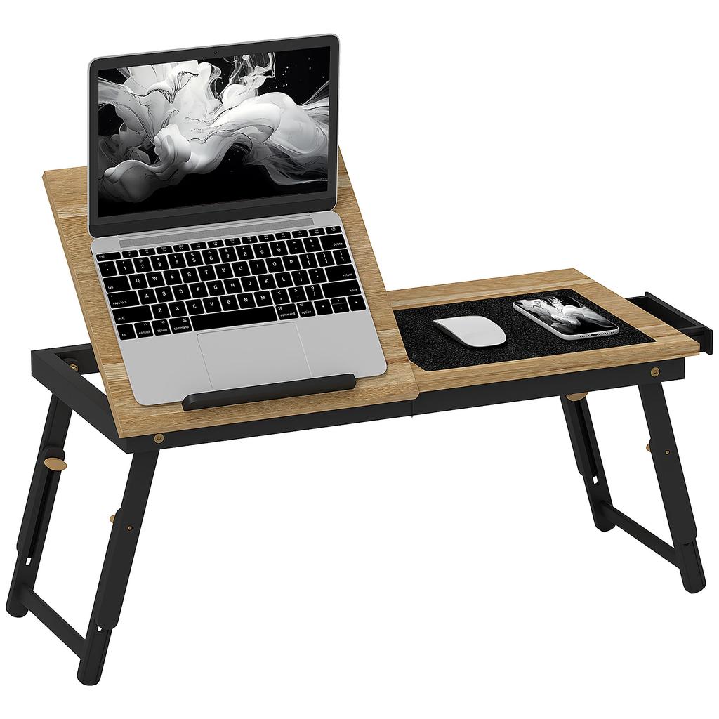 Bed Table, Height-Adjustable Laptop Table with Drawer, Foldable, for Sofa Working in Bed, Oak