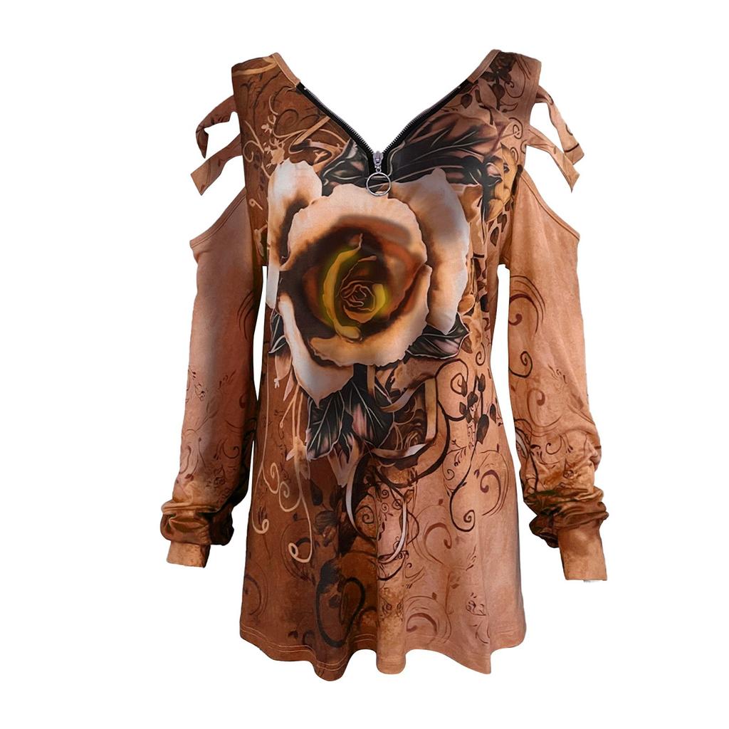 Модная женская повседневная футболка со свободным воротником на молнии с v-образным вырезом и принтом розы и длинными рукавами