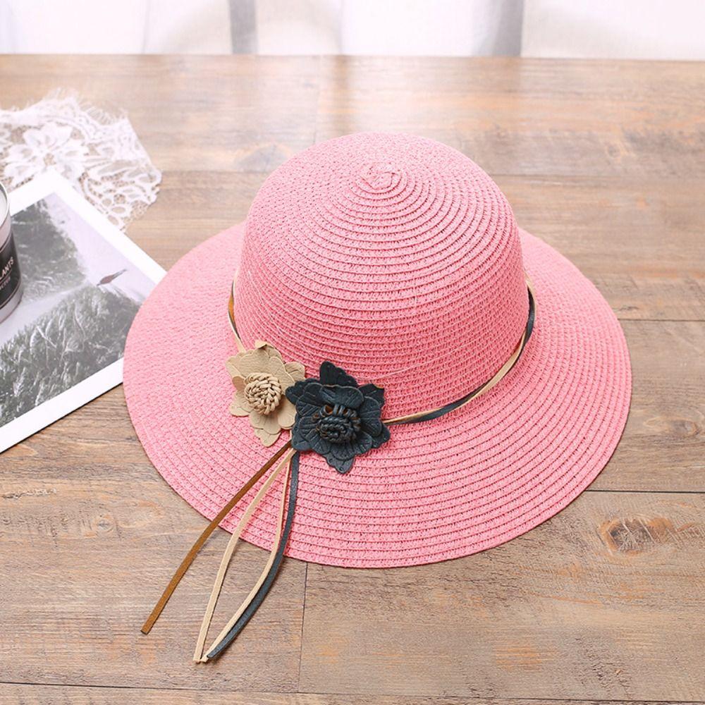For Travel Woven Summer Beach Sunshade Hat Sun Hat Flower Straw Hat Panama Style Hat