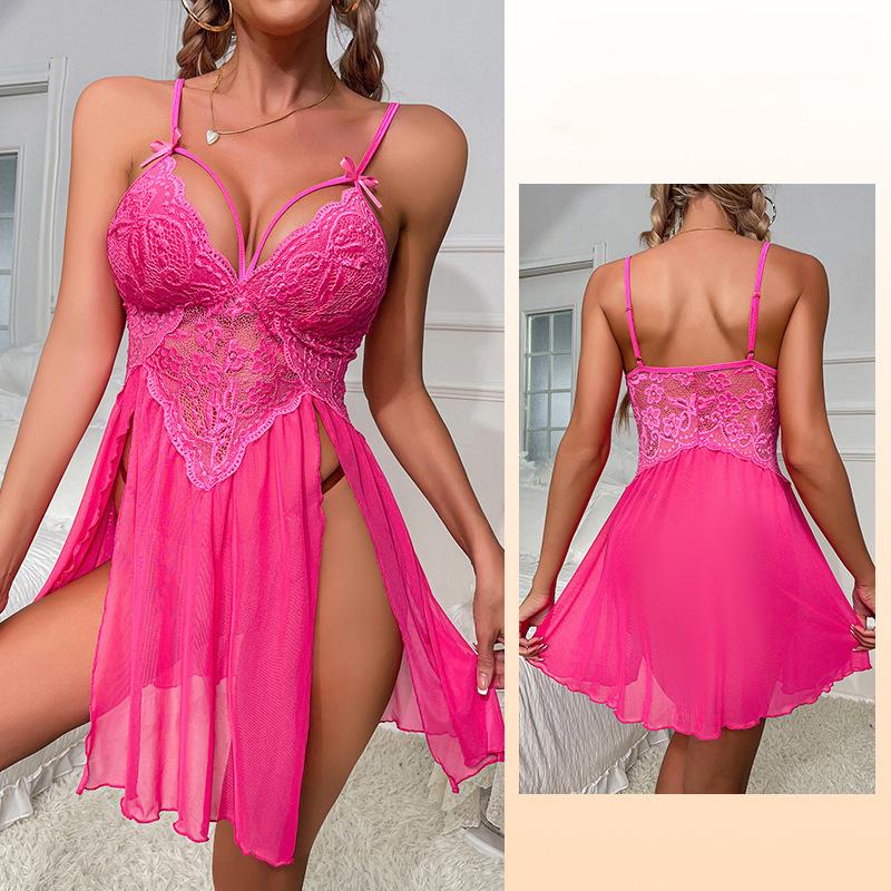 Ladies Summer Sexy Mesh See-through Lace Embroidered Sling Pajamas