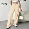Women Pants Elastic High Waist Adjustable Drawstring Straight Wide Leg Trousers with Pockets Solid Color Casual Pants