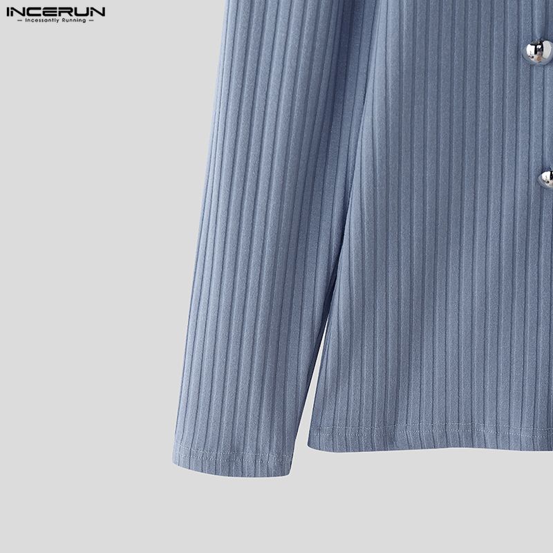 INCERUN Весенние мужские футболки с высоким воротом, длинным рукавом, декоративными пуговицами, приталенные, топы, майки