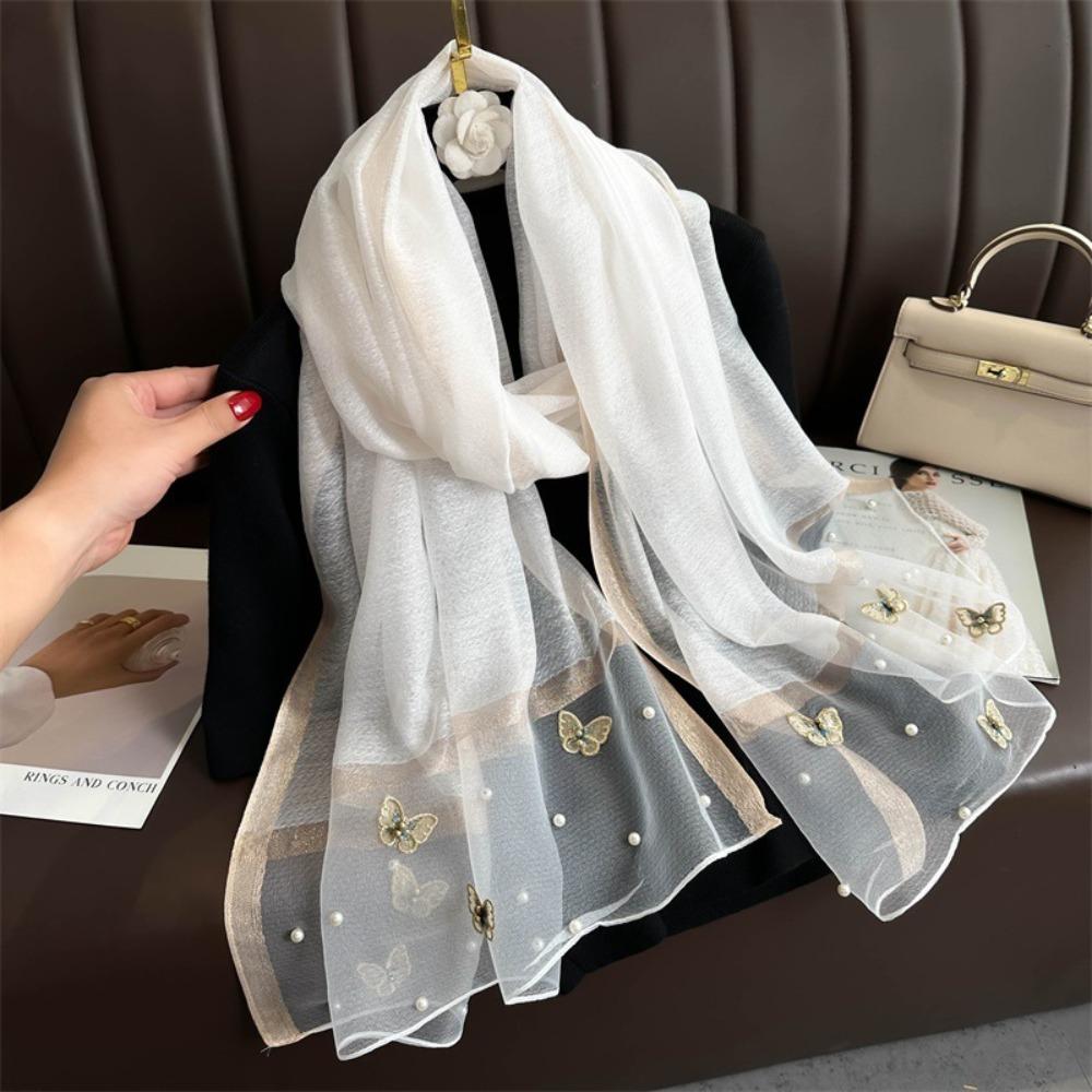 Thin Butterfly Embroidery Scarf Pearl Women Hijab Shawls Elegant Silk Scarf Lady