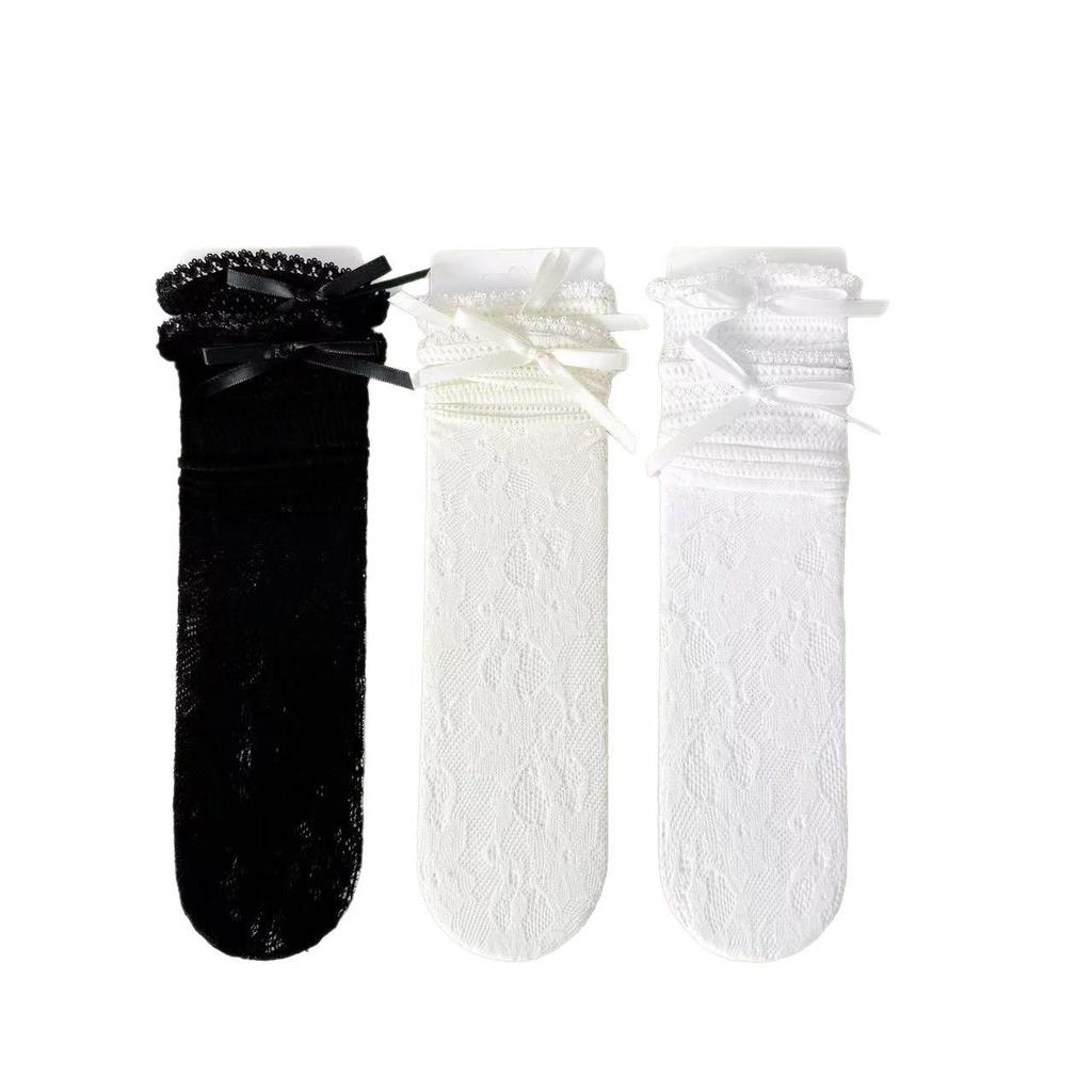 Lolita Socks for Women's Spring and Summer, Bow Lace Lace, Solid Color Pile Socks, Breathable Mid-calf Socks