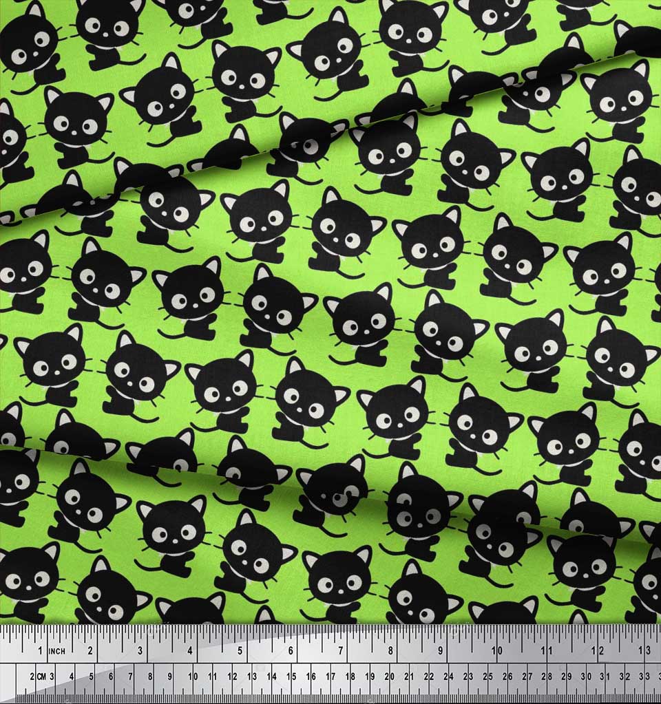 Soimoi Japan Crepe Satin Fabric Cat Cartoon Print Fabric by metre 42 Inch
