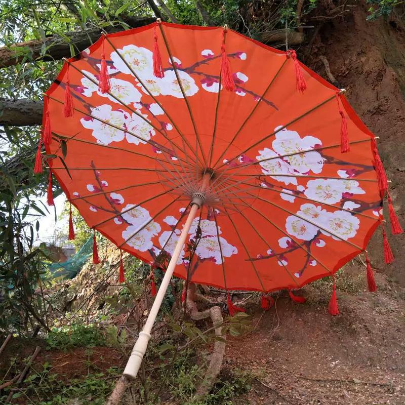 1PC with Tassel Classical Women's Umbrella for Hanfu Accessories Satin Cloth Photograph Props Fairy Ancient Parasol