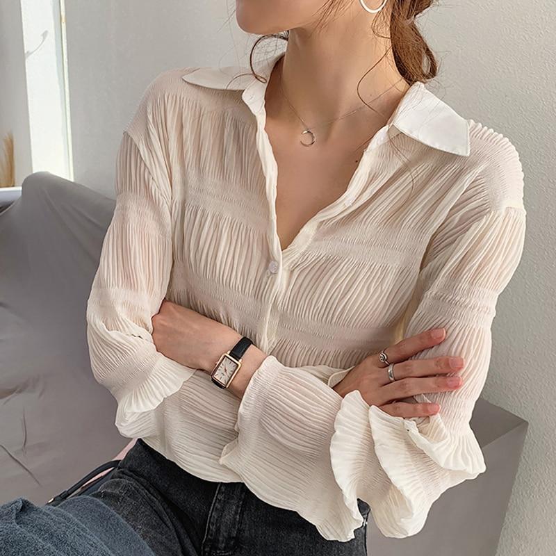 Chiffon Blouses Women Turn Down Collar Long Sleeve Korean Fashion Vintage Elegant Casual Office Lady Large Size Shirts