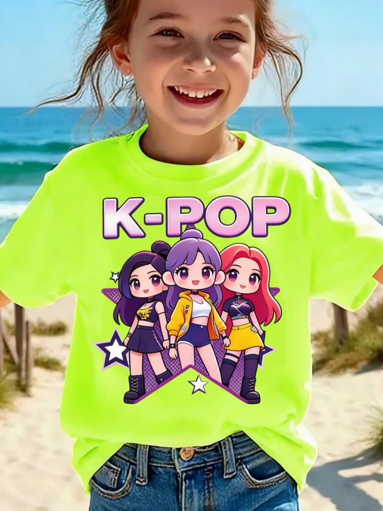 Детская футболка K-pop с мультяшным принтом, короткий рукав, летняя, удобная, забавный подарок для фанатов, футболки в стиле Харадзюку, одежда для девочек
