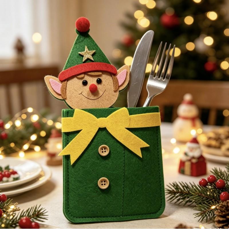 Christmas Cutlery Sleeves Set - Felt Santa Elk Snowman Penguin Elf Bear Gingerbread Cartoon Table Decor Holiday Party