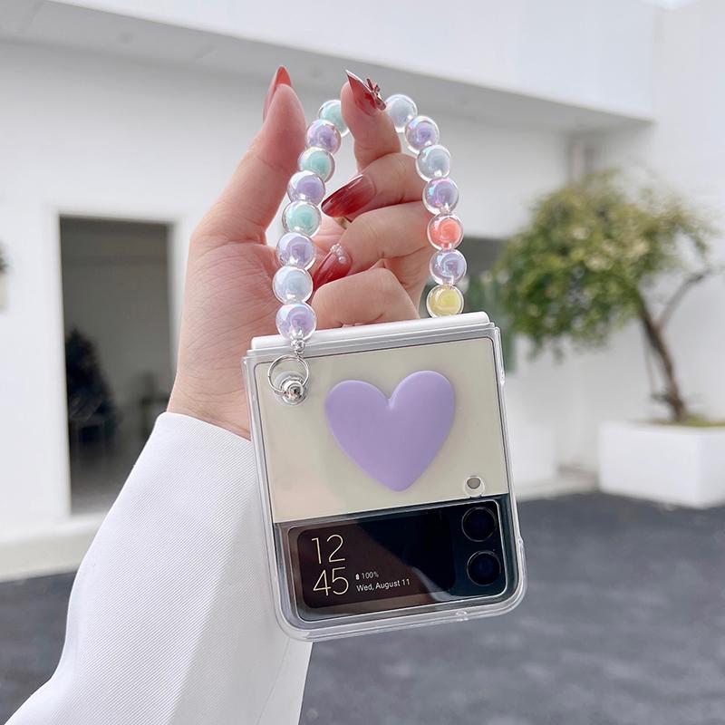 Милый 3d карамельный цвет сердце портативный красочный браслет с бусинами чехол для телефона для Samsung Galaxy Z Flip 3 5g/Z флип прозрачный жесткий чехол