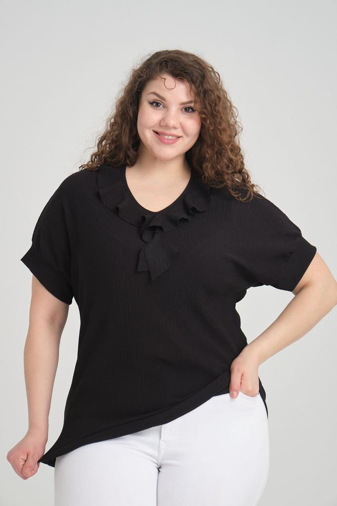 Women's Big Size Blouse Black Shawl Collar Plus Size Blouse