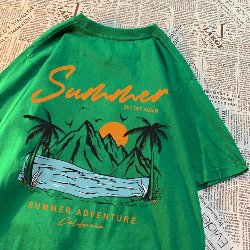 Летнее приключение Закат Кокосовая пальма Горная живописная местность Футболка Мужская Женская Хип-хоп Хлопковые топы Пара Оверсайз Футболки Пара