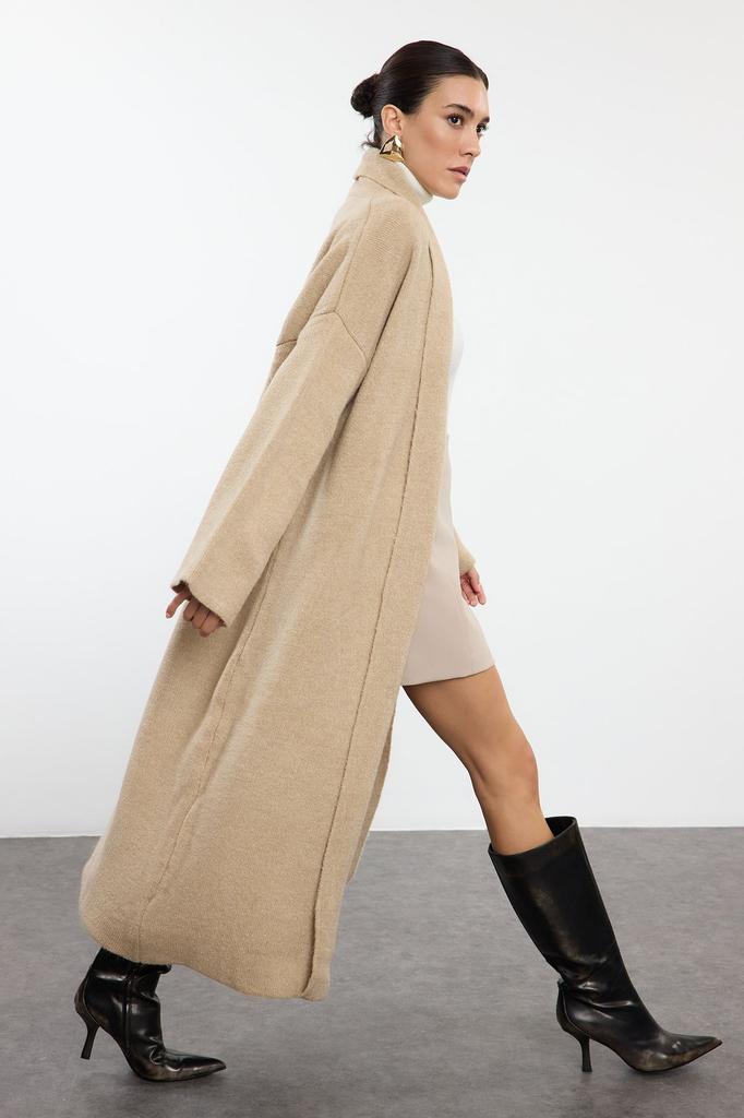 Женский модный стильный кардиган бежевого цвета с мягкой текстурой, толстое базовое пальто, трикотажный кардиган