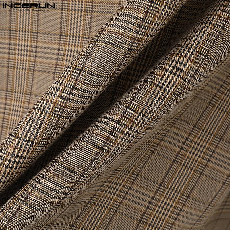 INCERUN Мужской пиджак с зазубренными лацканами и длинным рукавом в клетку, повседневный свободный пиджак