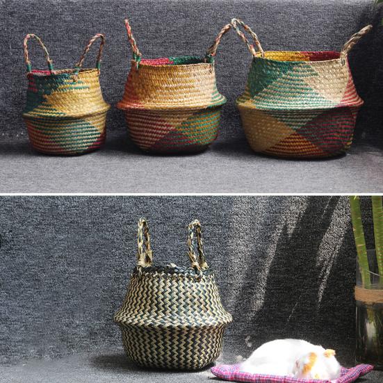 Folding Straw Wicker Storage Basket Handle Garden Flower Pot Planter Laundry Bag