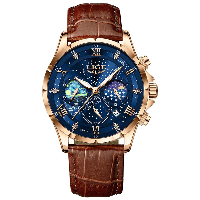 LIGE Man Watch Luxury Rose Gold Case Leather Sport Quartz Watches Elegant Starlight Moon Phase Waterproof Calendar men's watch