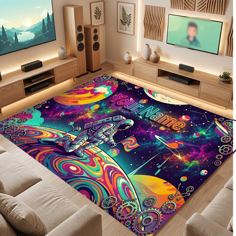 Astronaut Space Theme Soft Crystal Velvet Rug Custom Name & Text Print Non Slip Floor Rug for Bedroom Living Room