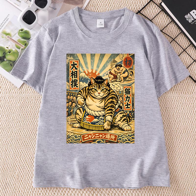 Sumo Cat TShirt Japanese Style Funny Cat Tee Casual Round Neck Printed Cotton T Shirt Streetwear Summer Casual Short Sleeve