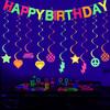 1Set Neon Glow Happy Birthday Paper Banner Hanging Spiral Birthday Party Decoration Black Light Reactive UV Glow In the Dark