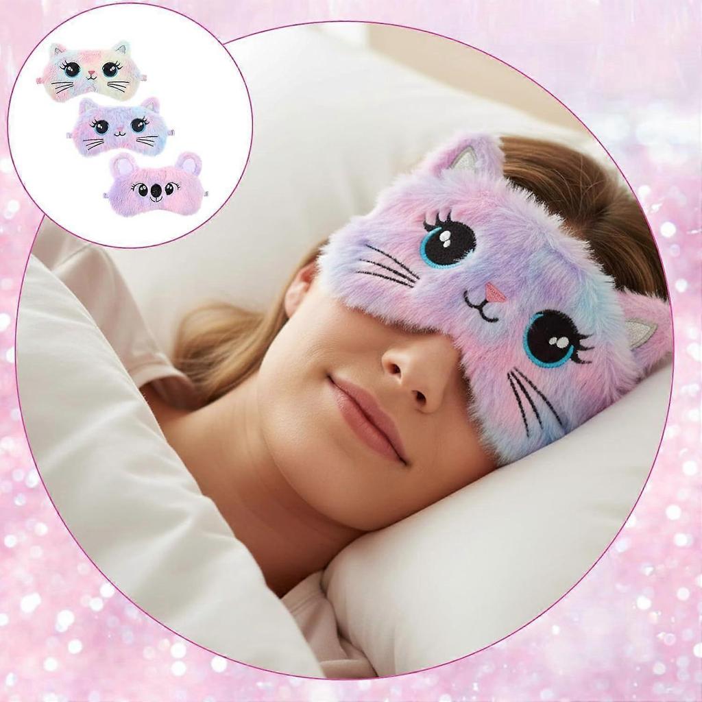 Kids Sleep Mask, 3 Pcs Cute Cat Sleeping Eye Mask Colorful Soft Plush Eye Covers for Sleeping Comfortable Funny Animal Night EyeMasks for Women Girls