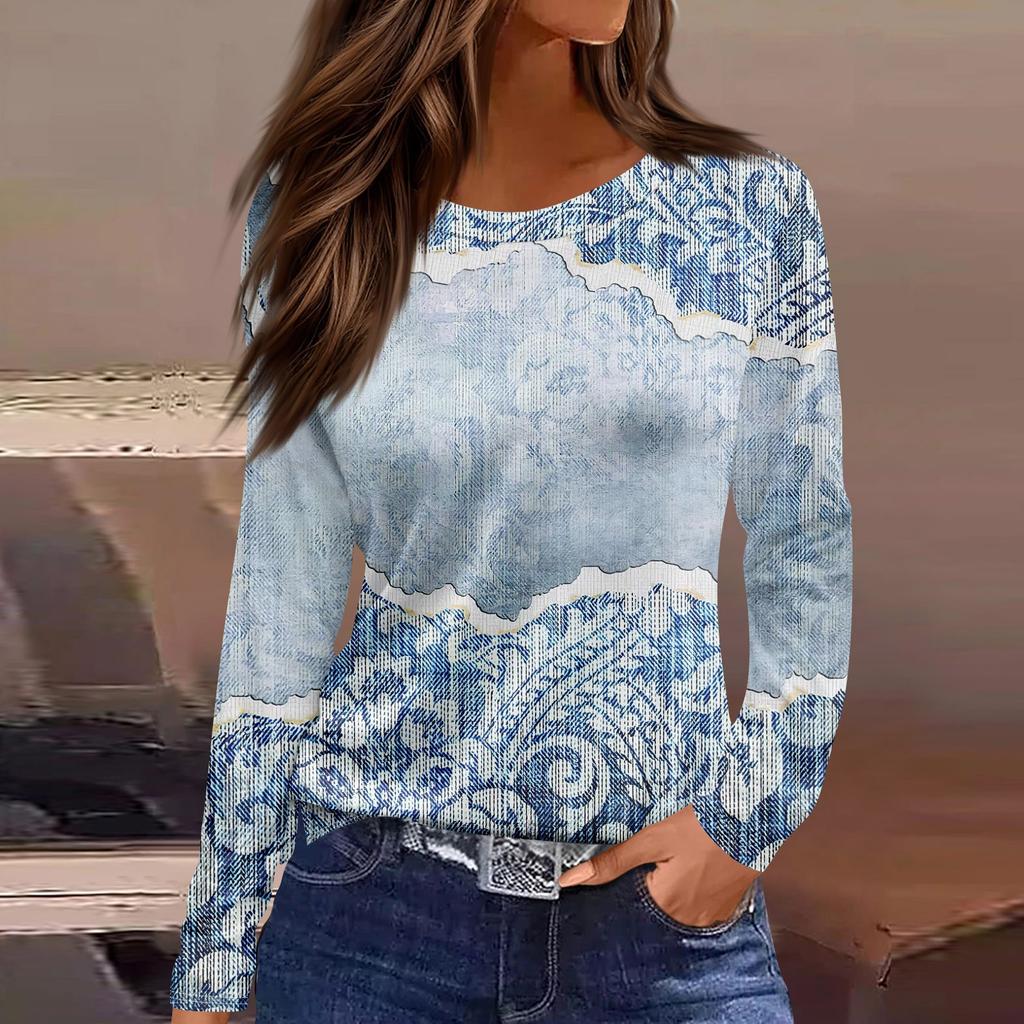 Women's Fashion Casual Slit Hem Round Neck Long Sleeve Loose  Printed T-Shirt Ladies Top