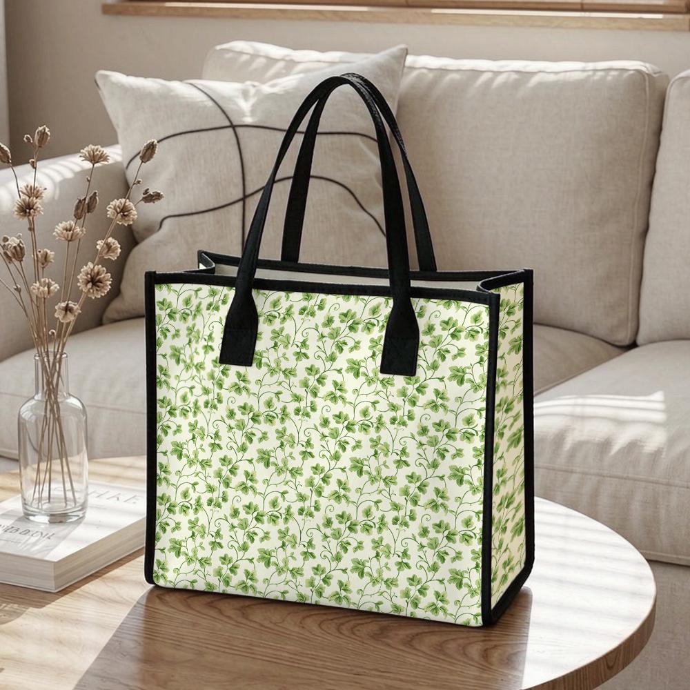 Watercolor Clover Print Canvas Tote Bag Stylish Casual Daily Shopping Carry Bag