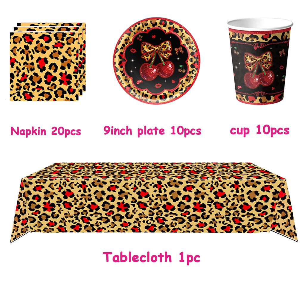 Pink Cherry Leopard Theme Birthday Party Decoration Plate Cup Balloon Banner Sexy Women Girls Shiny Photography Background Gifts