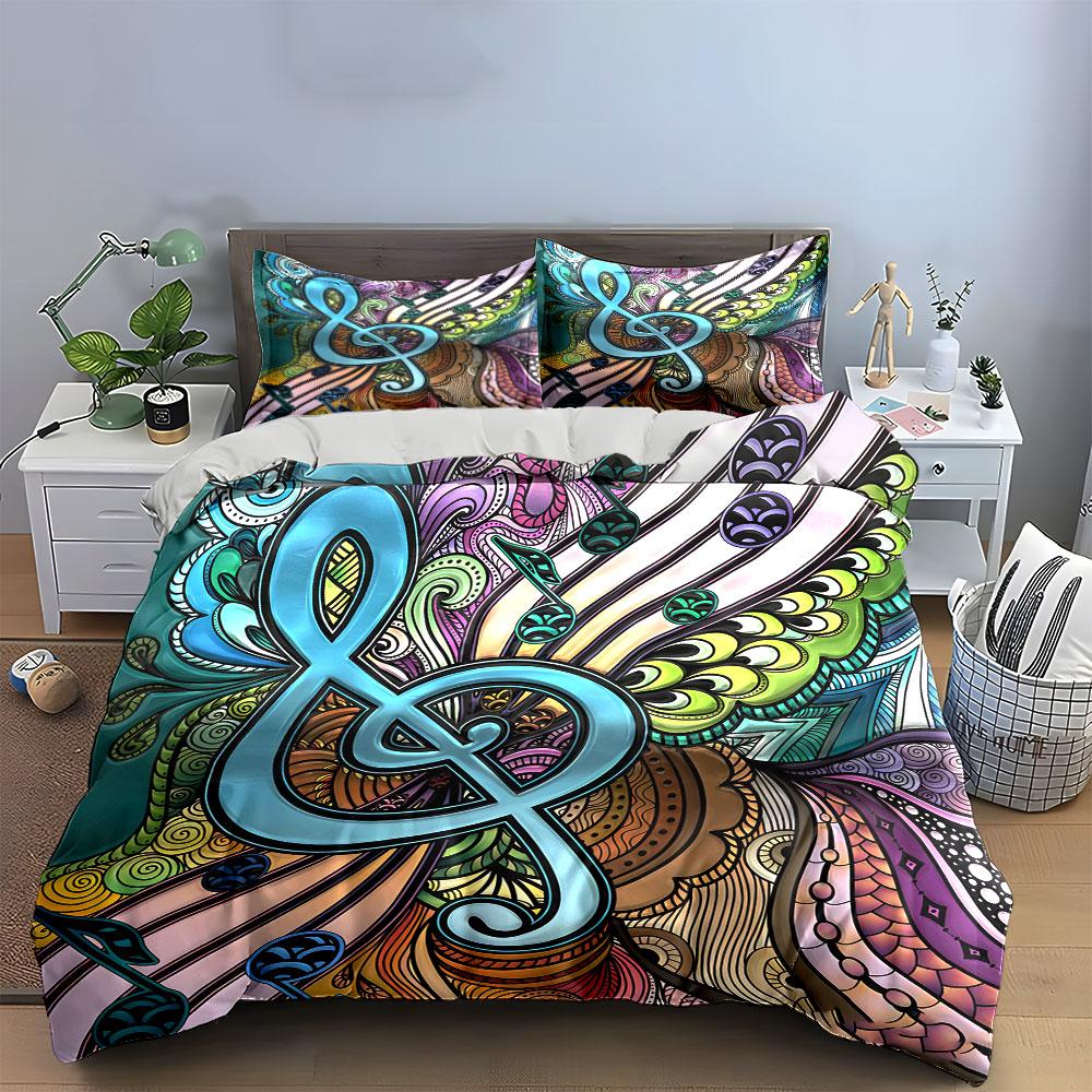 Colorful Music Note Pattern Design Bedding Duvet Cover Set Duvet Cover Pillowcases (1*Duvet Cover 2*Pillowcases, without duvet insert)