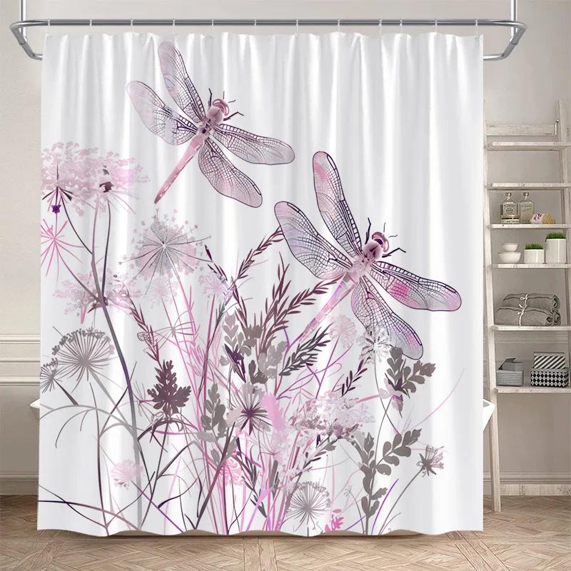 Floral Dragonfly Shower Curtains Watercolour Dandelion Rustic Flower Plants Polyester Fabric Bathroom Curtain Decor With Hooks