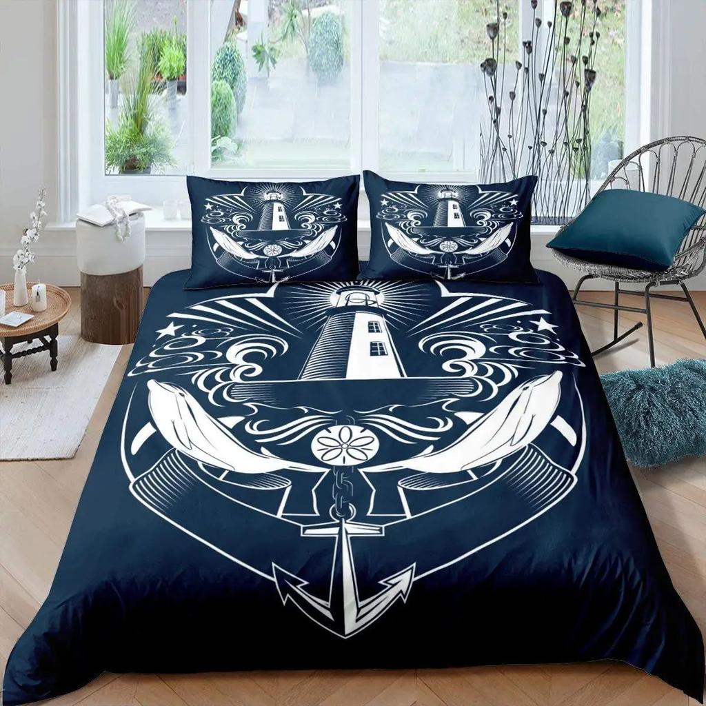 Vintage Nautical Anchor Duvet Cover Set Sailing Lighthouse Bedding Cover With Pillowcase Quilt Cover Three-Piece Set