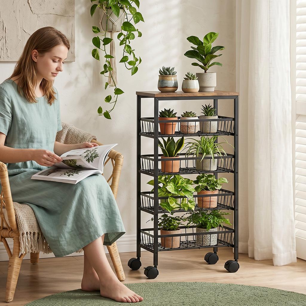 Serving Trolley Rolling Cart with 4 Tiers, Kitchen Cart with 4 Pull-Out Baskets, Storage Cart with Casters for Kitchen