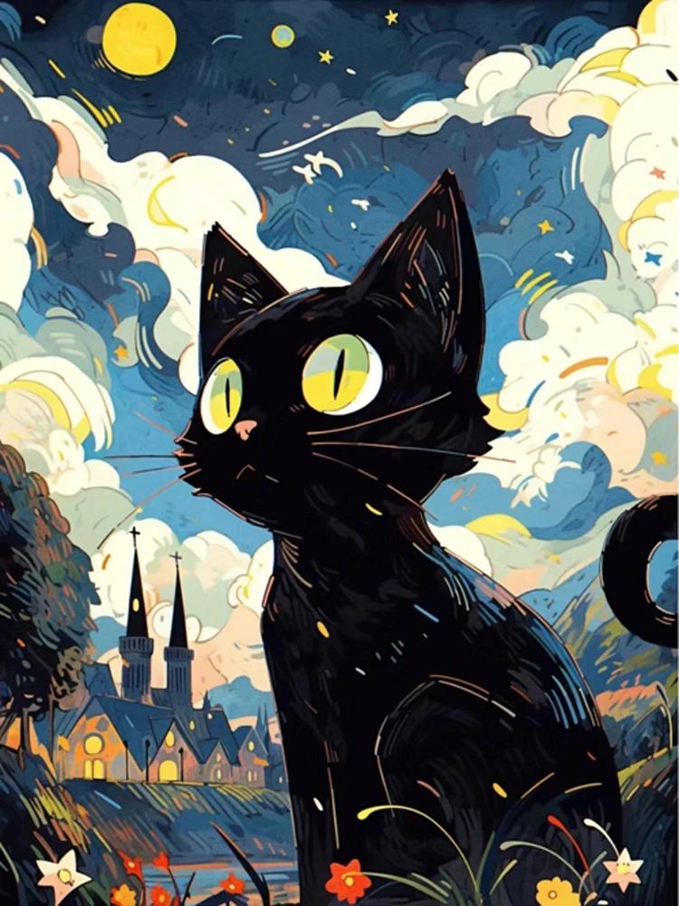 Абстрактное Звездное Небо и Черный Кот Постеры и Принт Холст Живопись Настенное Искусство Картины Для Гостиной Дома Фреска Украшение Подарок