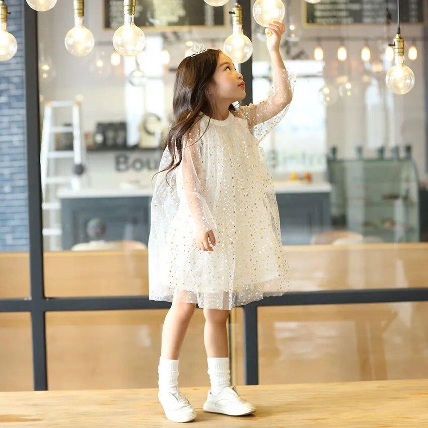 Summer Dress 2023 Shiny Star Pattern Girls Yarn Cotton Lined Princess Dress Christmas O-Neck Kids Long Sleeve Dresses