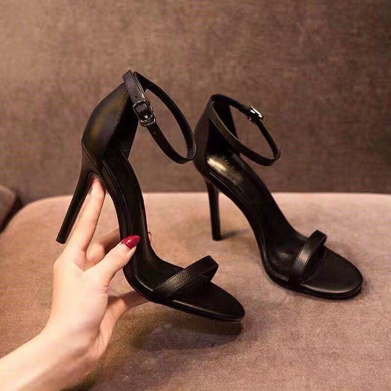 High Heels Black Professional Women's Stiletto 9CM Versatile Fashion Open-toe One-word Belt Sandals Women's Ins Tide 2025 Summer Models