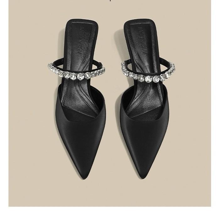 Туфли на низком каблуке со стразами для девочек 2025 года, новые, телесного цвета, французские феи, ветровая сумка, полутапочки, одна педаль, женская обувь