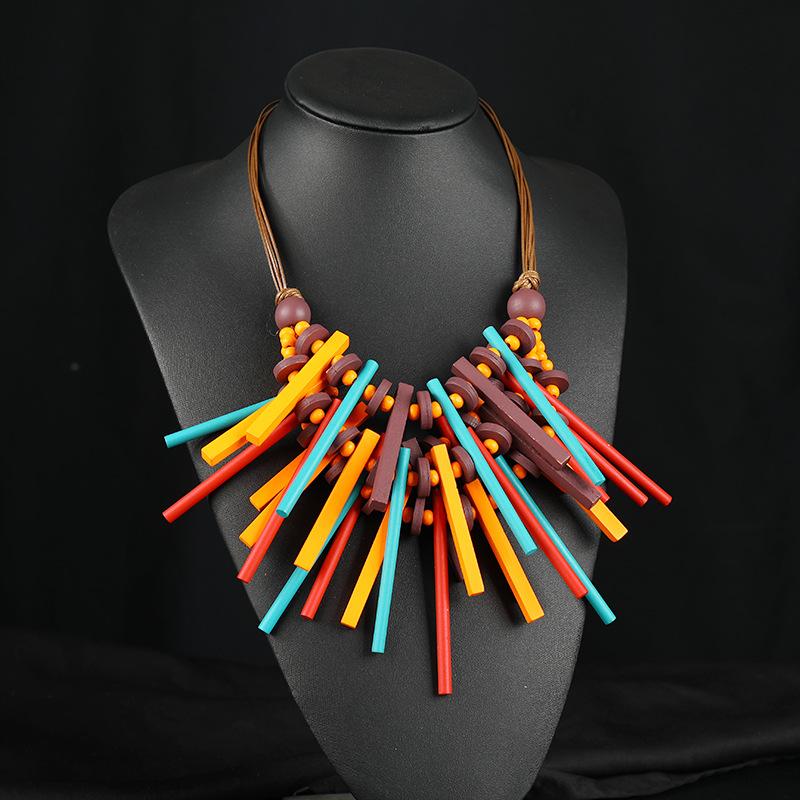 Преувеличенное богемное ожерелье из деревянных бусин ручной работы, универсальное ожерелье, ювелирные изделия, ожерелье-свитер, цепочка, персонализированные праздничные аксессуары