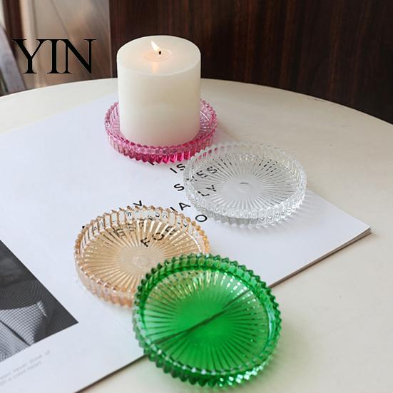 Glass Candle Holder Pillar Tray, Round Decorative Champagne Color Dish, Modern for Home Table Decor Vertical Pattern