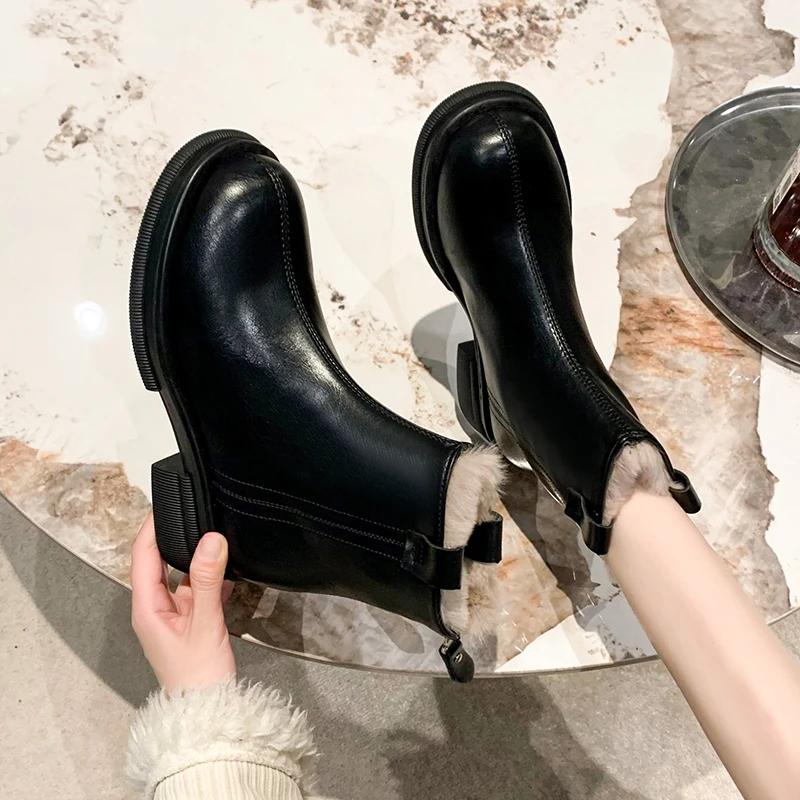 Распродажа женской обуви 2024 года, фирменные женские ботинки на молнии, зимние, с круглым носком, из цельного плюша, теплые, удобные, на толстом каблуке, ботильоны