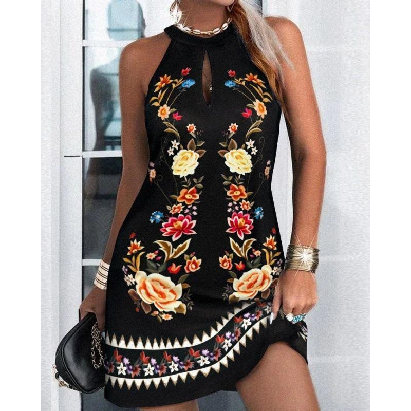 Women's Halter Neck Floral Print Mini Dress Sleeveless Slim Fit Dress