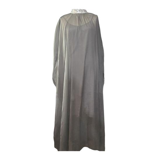 Women Evening Dress Shiny Sequin Half High Collar Big Hem Thin See-through Mesh Bat Sleeves Solid Color Oversized Big Hem Party Prom Maxi Dress