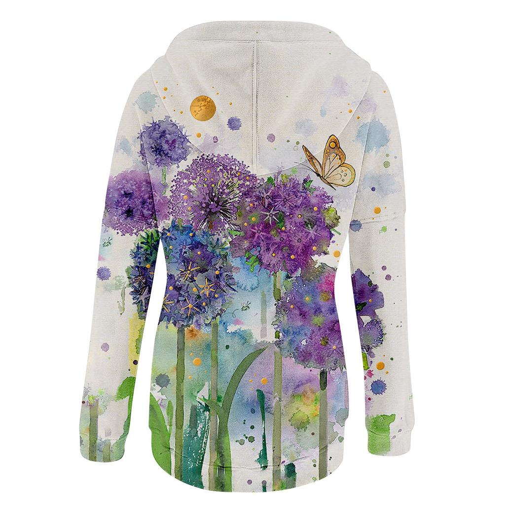 Женский повседневный модный пуловер с длинным рукавом и цветочным принтом, топ с капюшоном