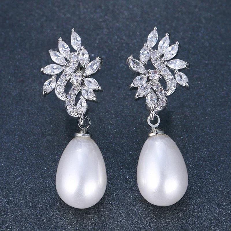 Huitan Noble Water Drop Design Imitation Pearl Women Drop Earrings Inlaid CZ Fashion Wedding Elegant Party Accessories Jewelry 1