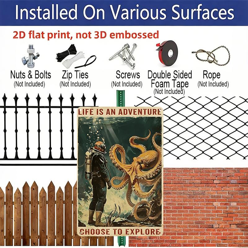 2D Flat, 1pc Octopus Vintage Aluminum Sign Life Is An Adventure Choose To Explore Diver Octopus Metal Sign for Home Living Room, Bedroom Office Hotel