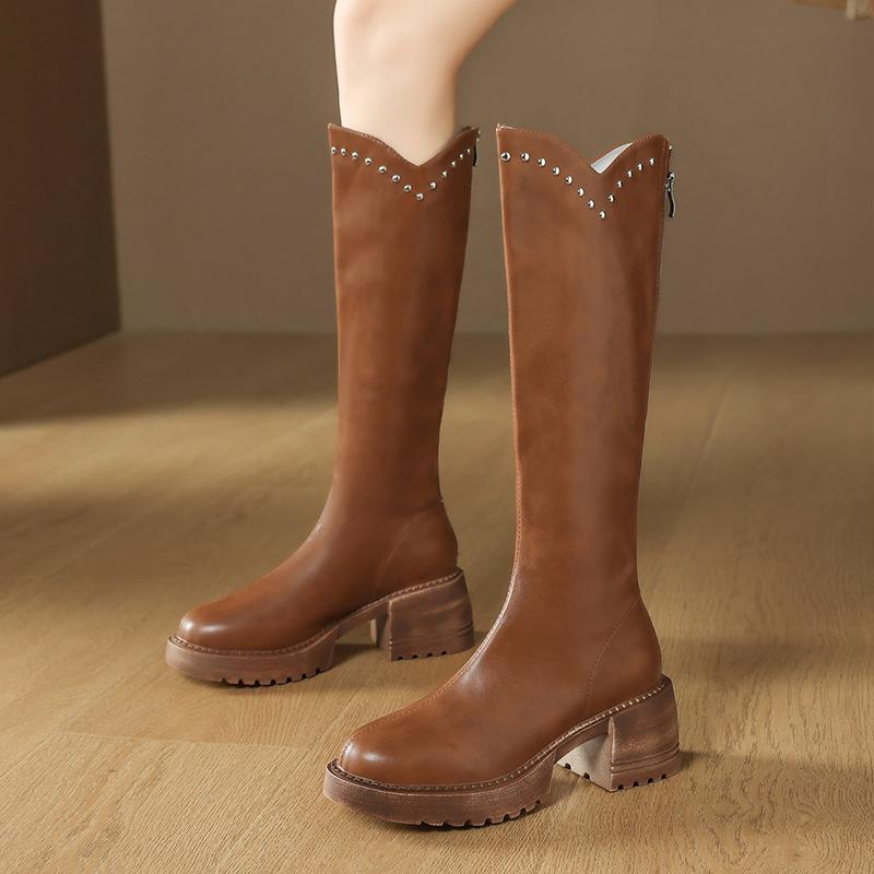 Женские ботинки с V-образным вырезом Высококачественные повседневные кожаные ботинки Модные ботильоны на толстой подошве Ботинки в рыцарском стиле Уличные нескользящие ботинки на платформе