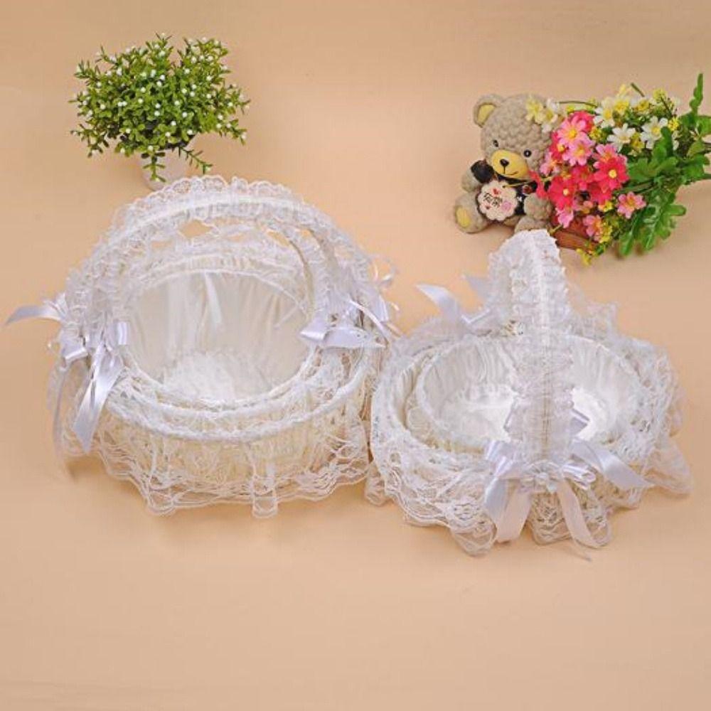 Bamboo Woven Handheld Wicker Basket White Lace Storage Fruit Basket High Quality Flower Basket