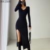 Вязаное платье-свитер с разрезом, весна-осень, французские женские облегающие облегающие платья выше колена, вязаные на бедрах