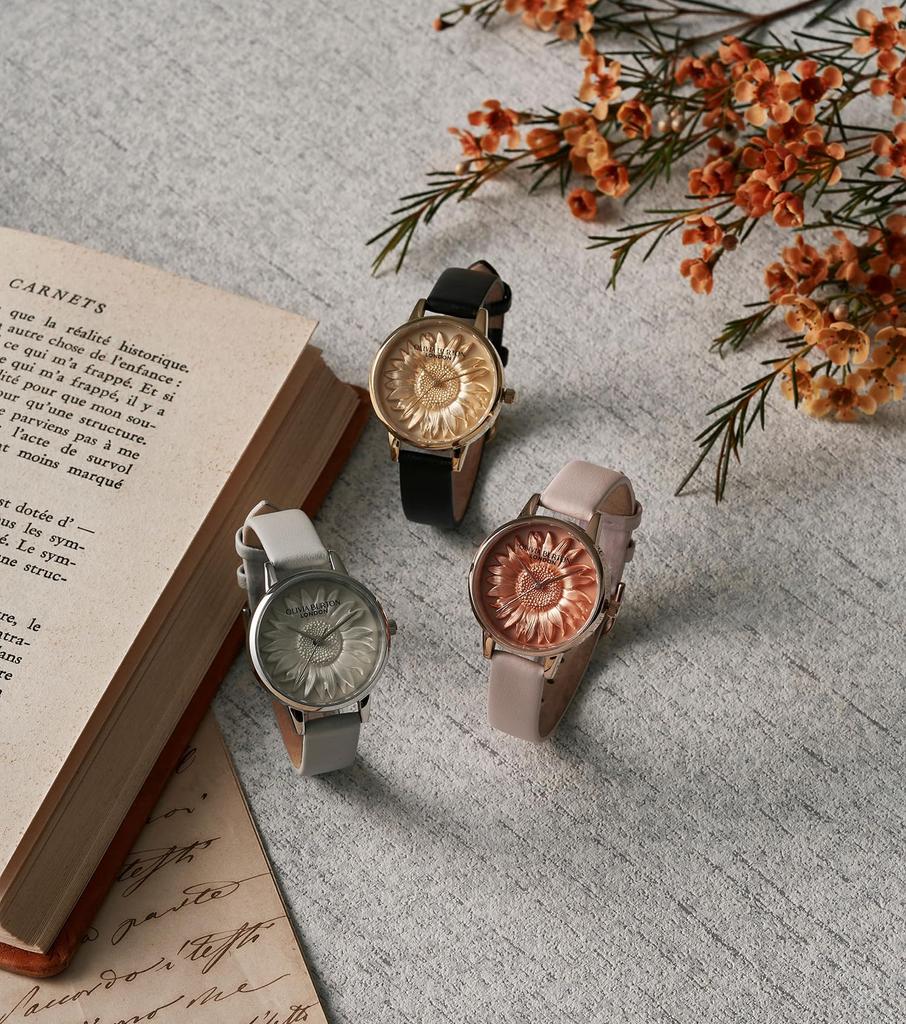 Авторизованный дистрибьютор Olivia Burton Watch Ladies 24000222 3D Flower Midi Gold Black Leather [OLIVIA BURTON]