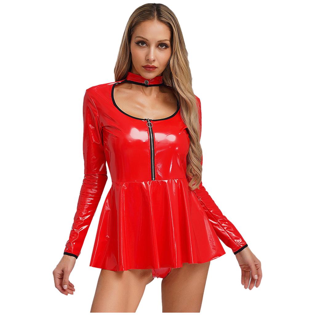 Women Latex Dress Deep V Neck Mesh Long Sleeves Mini Dress Shiny Faux Leather Dress Halloween Costume Rave Party Punk Club Wear