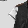 INCERUN Men Short Sleeve Mesh Sheer Patchwork Fitted Jumpsuits Pajamas Underwear